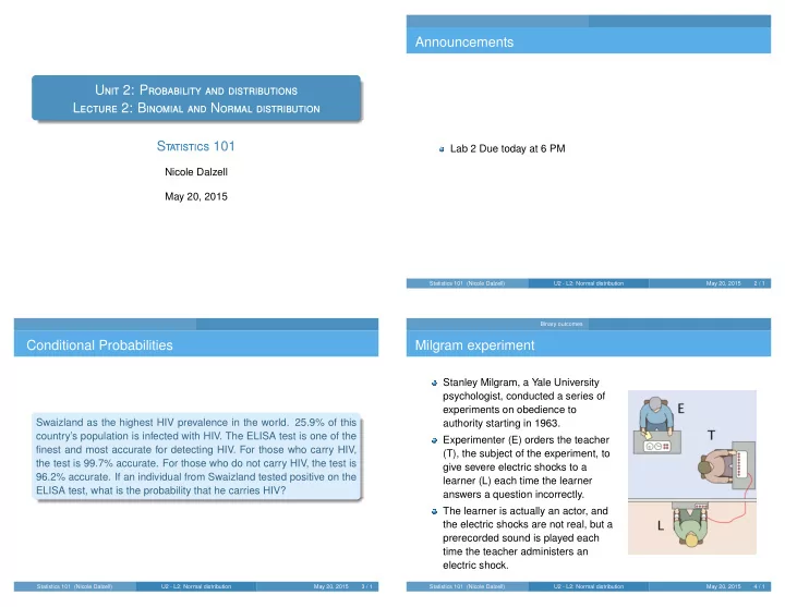 announcements u nit 2 p robability and distributions l