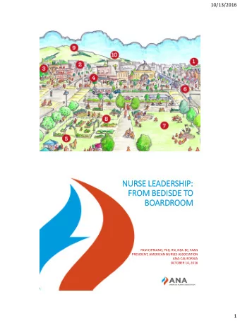 NURSE LE  LEADERSHIP:  FROM BE  BEDISDE TO  BO  BOARDROOM  PAM CIPRIANO, PhD, RN, NEA-BC, FAAN