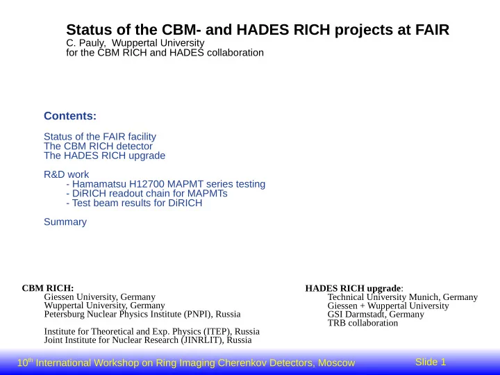 status of the cbm and hades rich projects at fair