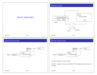 Signing by hand  ALICE  Pay Bob $100  DIGITAL SIGNATURES      COSMO  ALICE      Cosmo