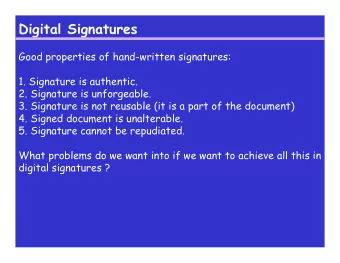 Digital Signatures  Good properties of hand-written signatures:  1. Signature is authentic.  2.