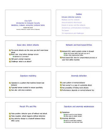 Outline  Intrusion detection systems  Malware and the network  CSci 5271  Announcements