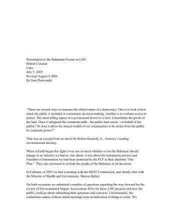 Presentation to the Bahamian Forum on LNG  British Colonial  6 pm  July 5, 2005  Revised August 8