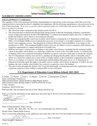 School Nominee Presentation Form ELIGIBILITY CERTIFICATIONS School and District s Certifications