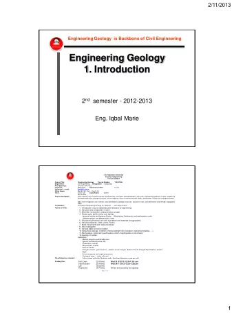 Engineering Geology  1. Introduction 2 nd semester - 2012-2013  Eng. Iqbal Marie  The Hashemite