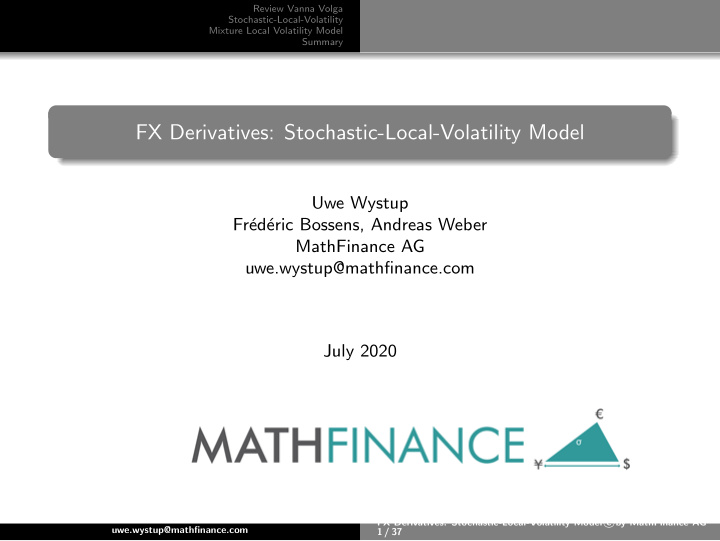 fx derivatives stochastic local volatility model