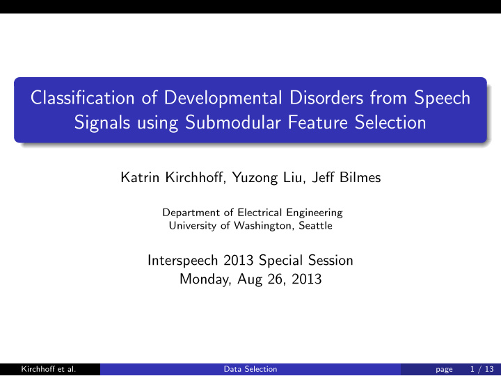 classification of developmental disorders from speech