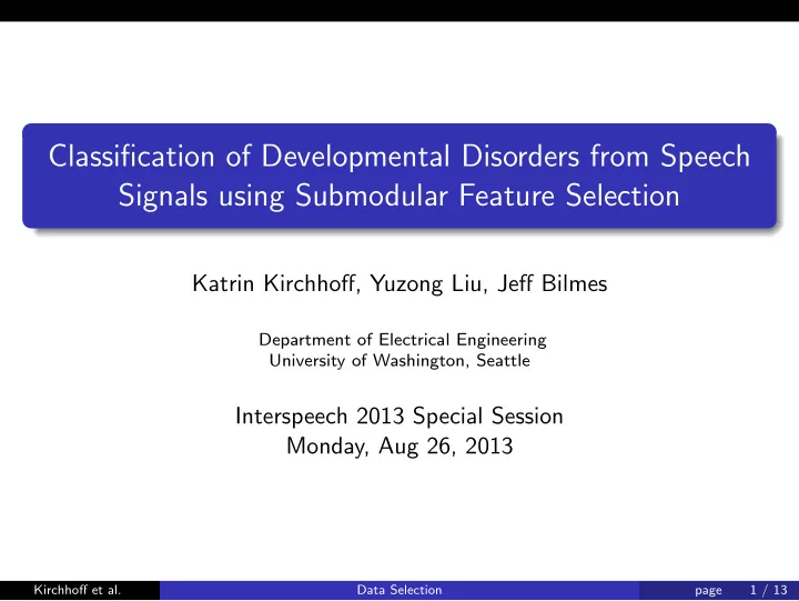 classification of developmental disorders from speech