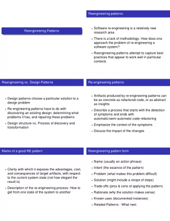 Reengineering patterns  Software re-engineering is a relatively new  Reengineering Patterns