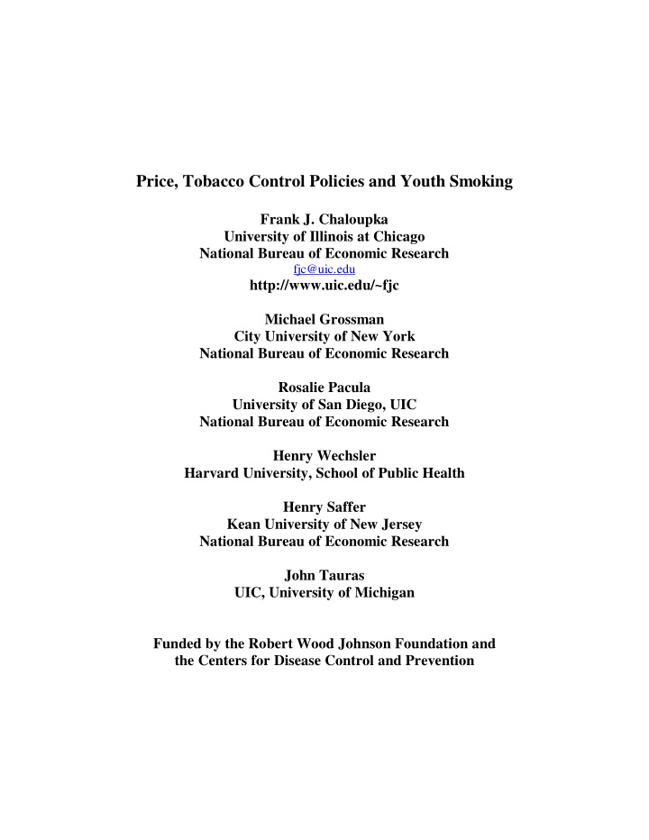 price tobacco control policies and youth smoking