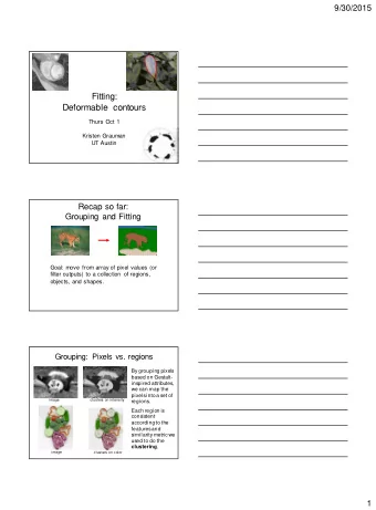 Fitting:  Deformable contours  Thurs Oct 1  Kristen Grauman  UT Austin  Recap so far:  Grouping and