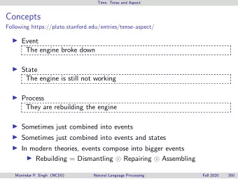 Concepts  Following https://plato.stanford.edu/entries/tense-aspect/  Event  The engine broke