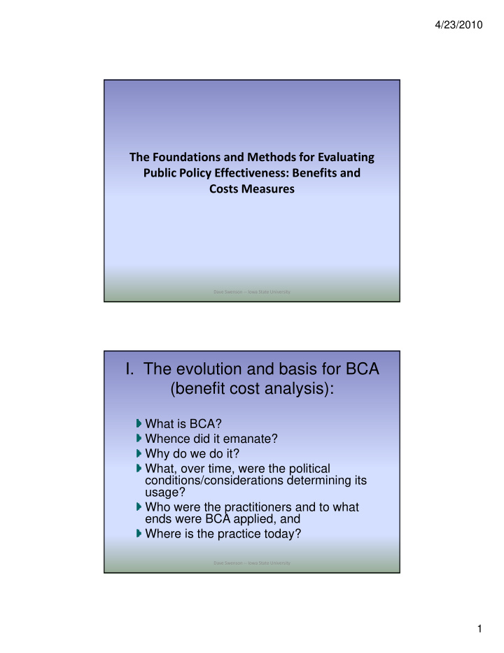 i the evolution and basis for bca benefit cost analysis