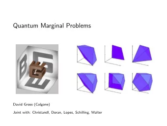 Quantum Marginal Problems  David Gross (Colgone)  Joint with: Christandl, Doran, Lopes, Schilling,