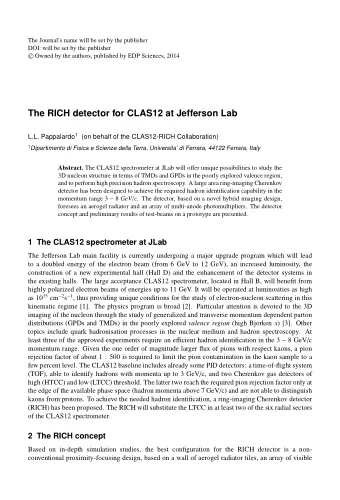 The RICH detector for CLAS12 at Jefferson Lab L.L. Pappalardo 1 (on behalf of the CLAS12-RICH