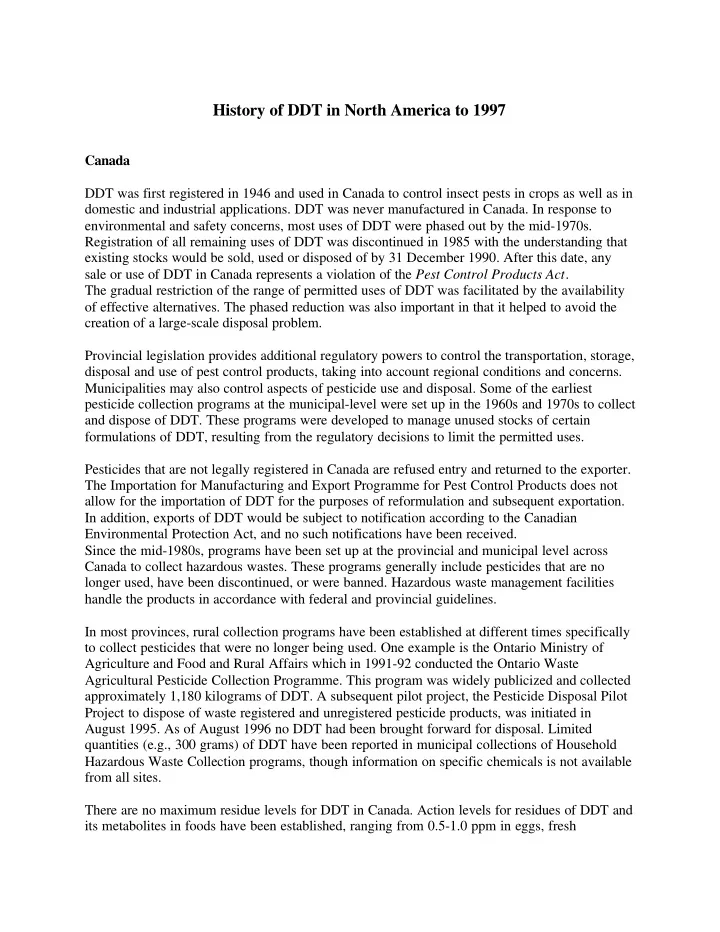 history of ddt in north america to 1997
