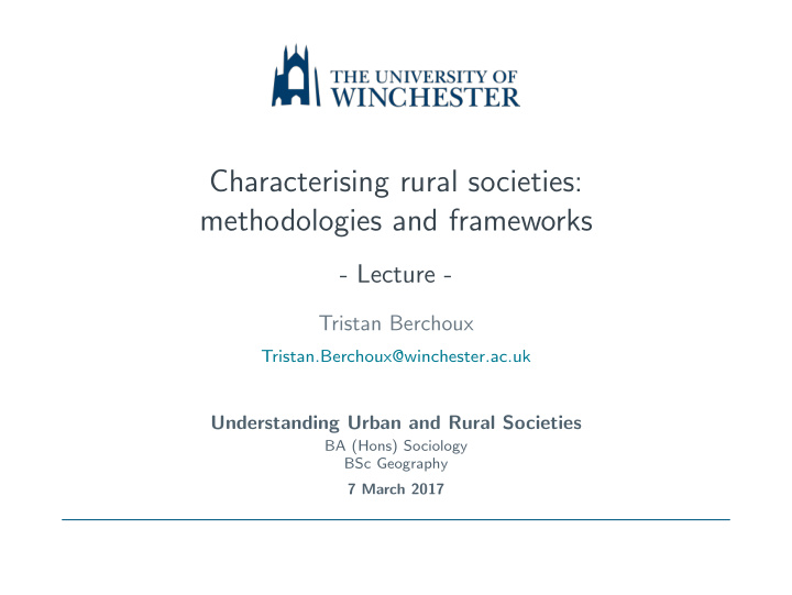 characterising rural societies methodologies and