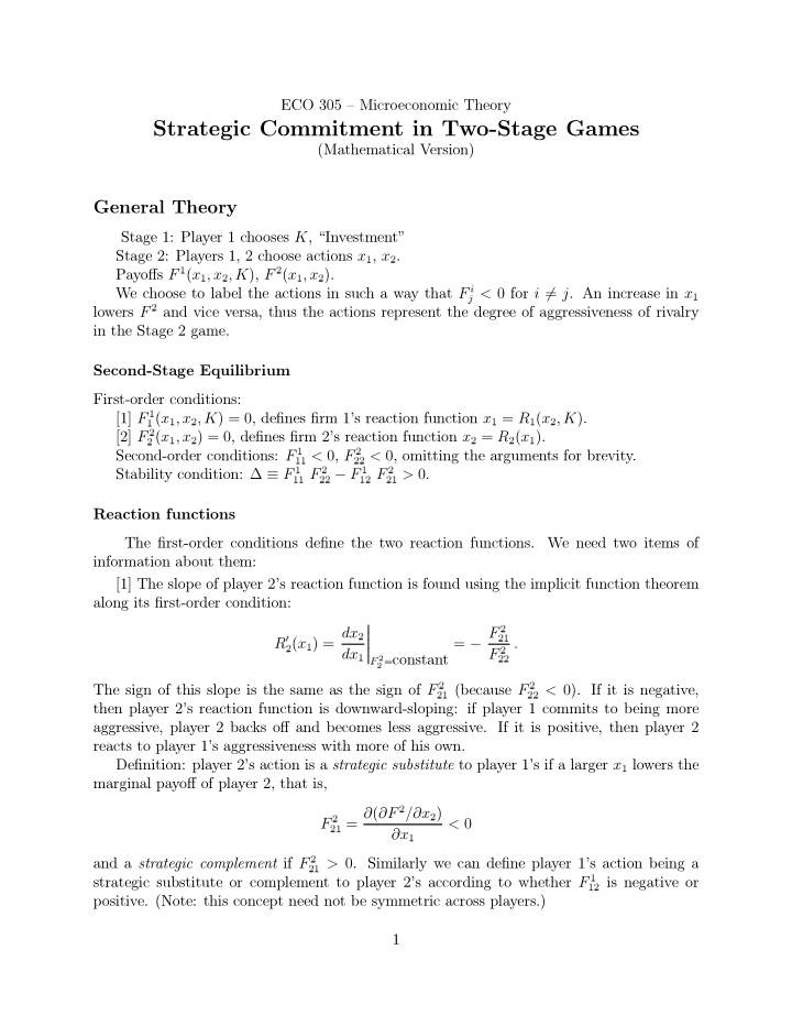 strategic commitment in two stage games