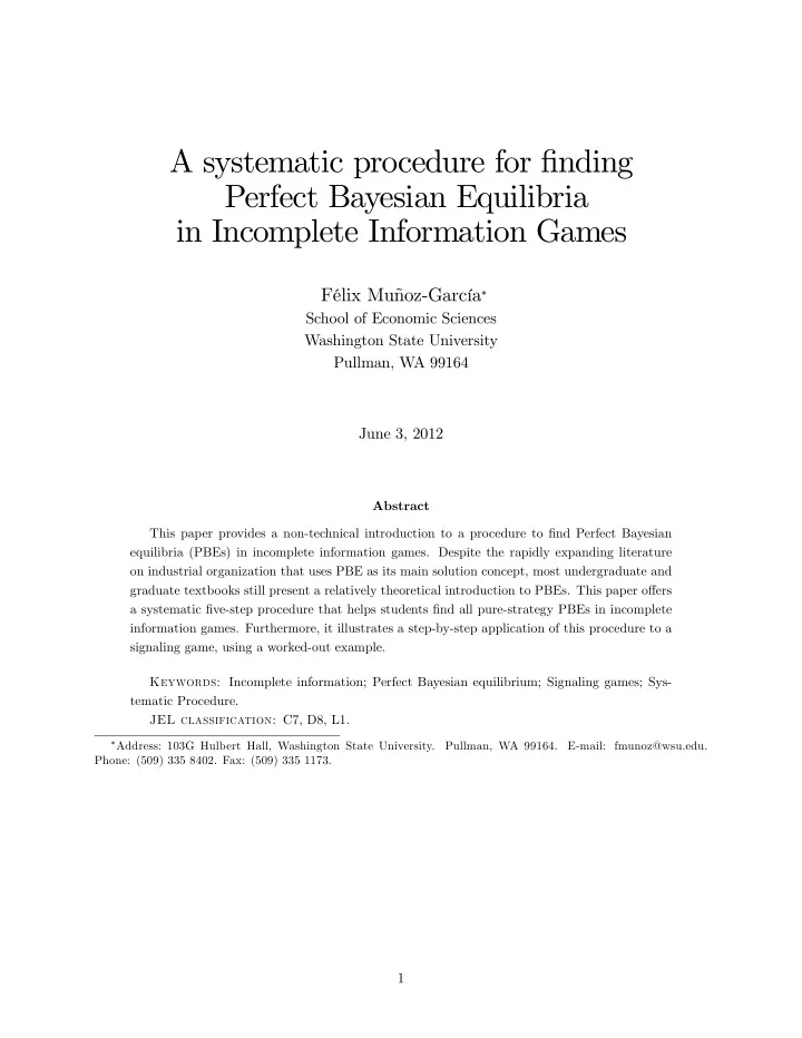 a systematic procedure for nding perfect bayesian