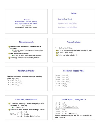 Outline  More crypto protocols  CSci 5271  Introduction to Computer Security  Announcements
