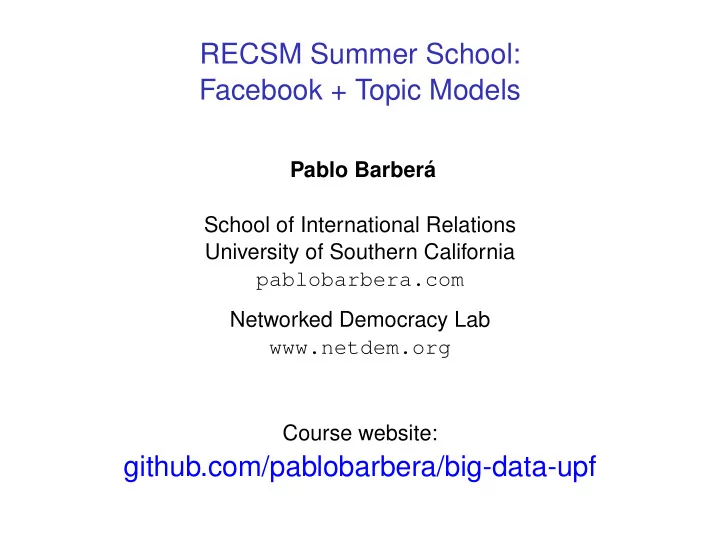 recsm summer school facebook topic models
