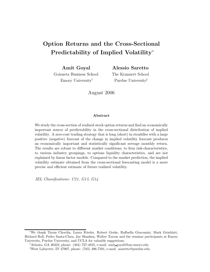 option returns and the cross sectional