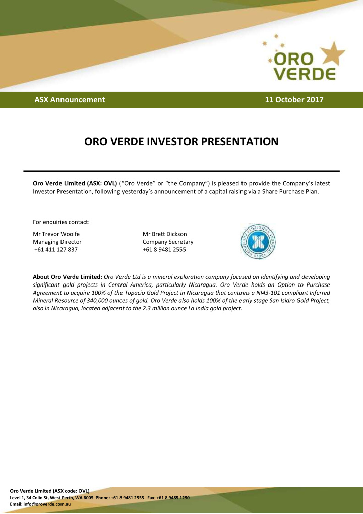 oro verde investor presentation