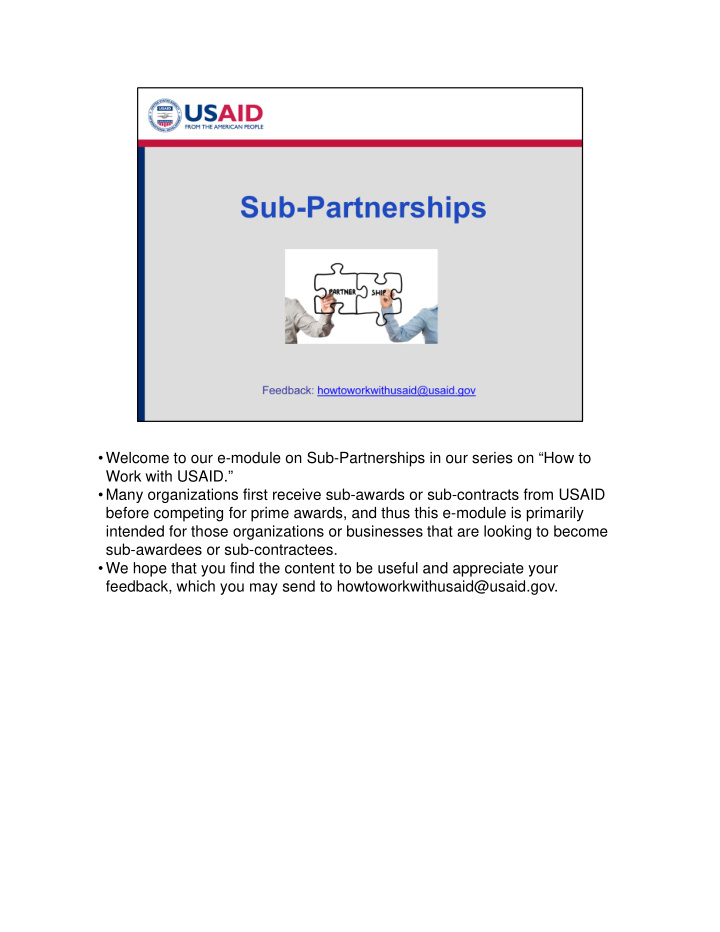 welcome to our e module on sub partnerships in our series