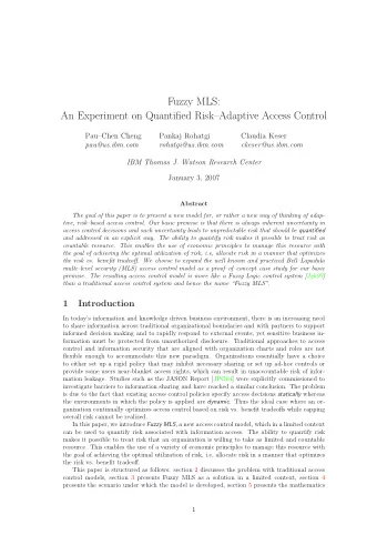 Fuzzy MLS:  An Experiment on Quantified RiskAdaptive Access Control  PauChen Cheng  Pankaj