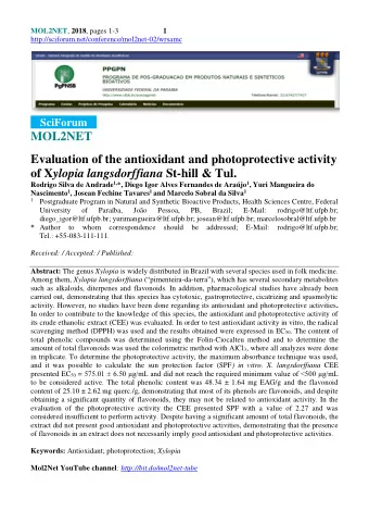 MOL2NET  Evaluation of the antioxidant and photoprotective activity of X ylopia langsdorffiana