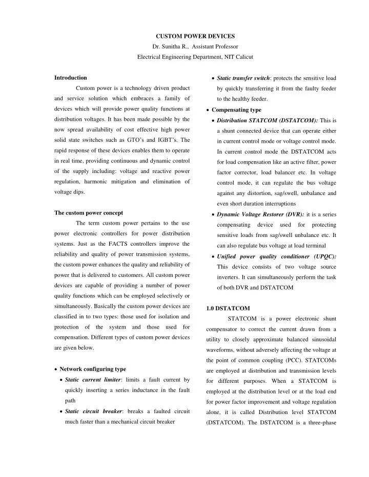 custom power devices dr sunitha r assistant professor
