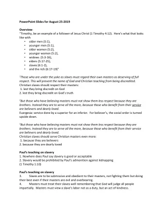 PowerPoint Slides for August 25-2019 Overview :  Timothy, be an example of a follower of Jesus