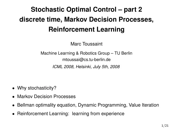 stochastic optimal control part 2 discrete time markov
