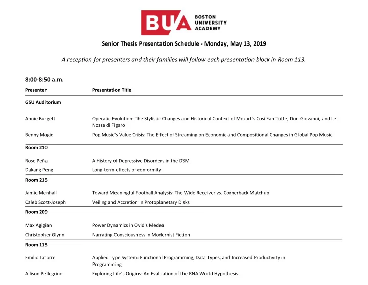 senior thesis presentation schedule monday may 13 2019 a