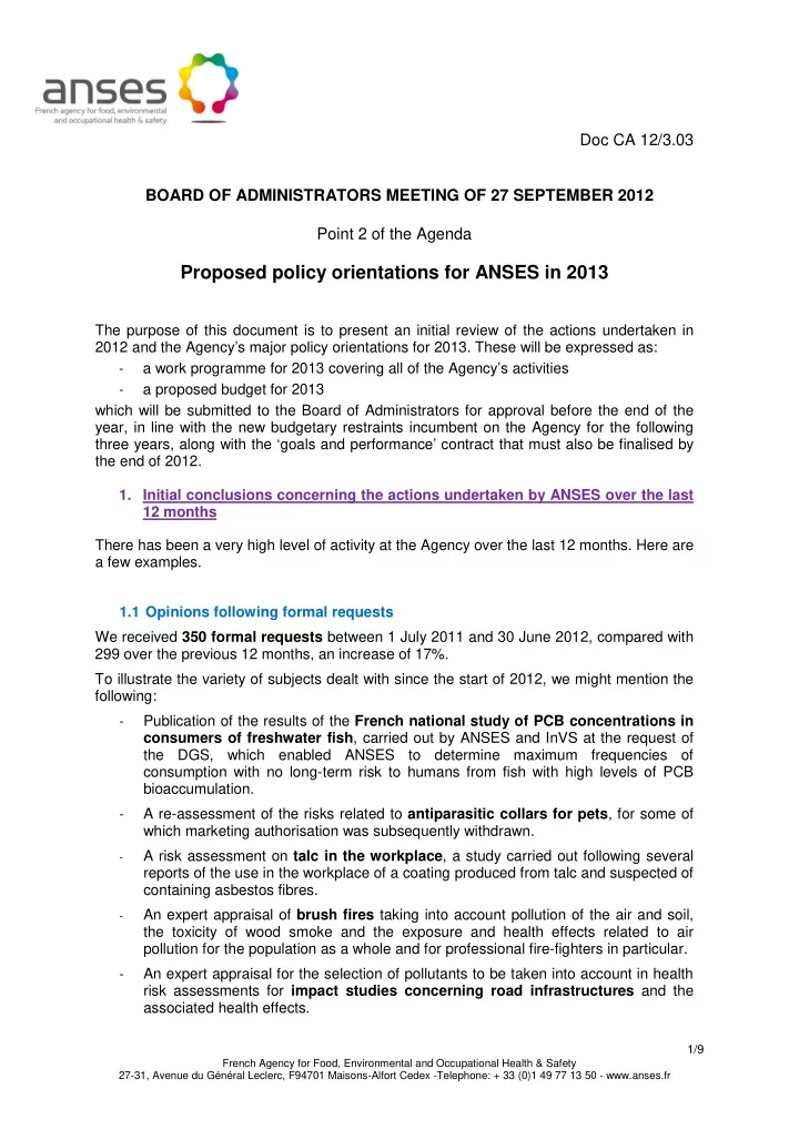 proposed policy orientations for anses in 2013