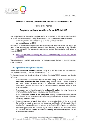 Proposed policy orientations for ANSES in 2013  The purpose of this document is to present an