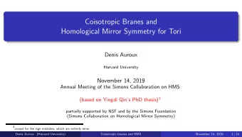 Coisotropic Branes and  Homological Mirror Symmetry for Tori  Denis Auroux  Harvard University