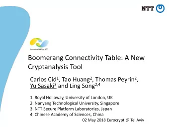 Boomerang Connectivity Table: A New  Cryptanalysis Tool Carlos Cid 1 , Tao Huang 2 , Thomas Peyrin