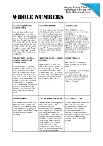 Whole Numbers  Jumping Jack  Snap Game (numeral  Cluedo Numerals!  cards 0 to 20)  Tell your child