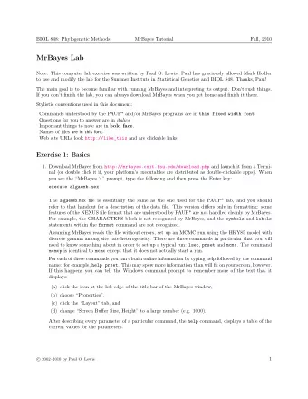 MrBayes Lab  Note: This computer lab exercise was written by Paul O. Lewis. Paul has graciously