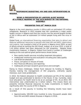 RESPONSIVE BUDGETING: HIV AND AIDS INTERVENTIONS IN  NIGERIA  BEING A PRESENTATION OF LAWYERS ALERT