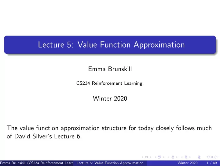 lecture 5 value function approximation