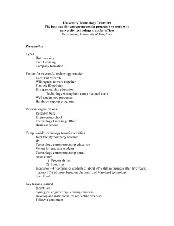 University Technology Transfer:  The best way for entrepreneurship programs to work with