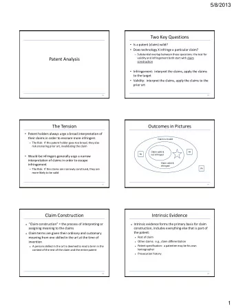 5/8/2013  Two Key Questions  Is a patent (claim) valid?  Does technology X infringe a