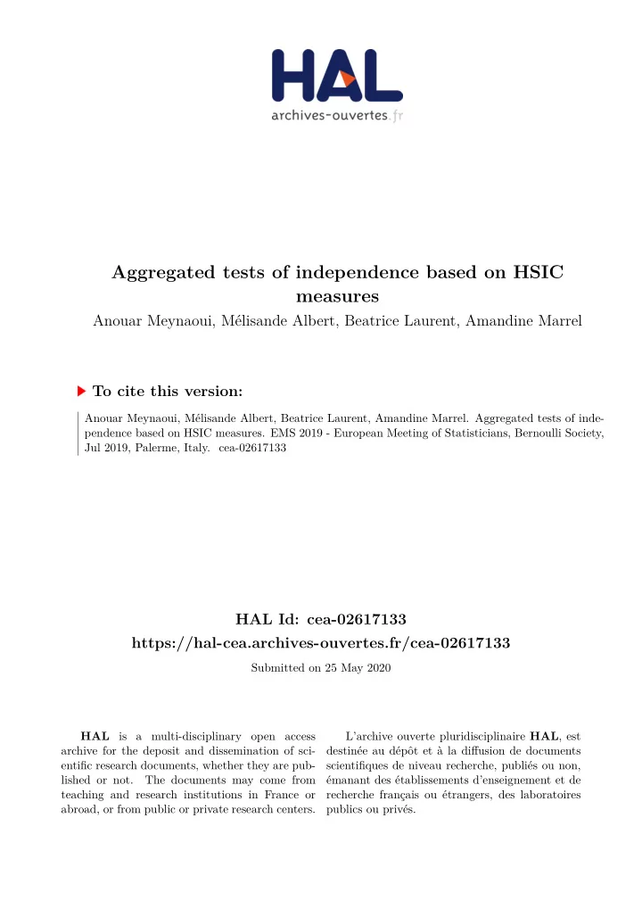 measures aggregated tests of independence based on hsic
