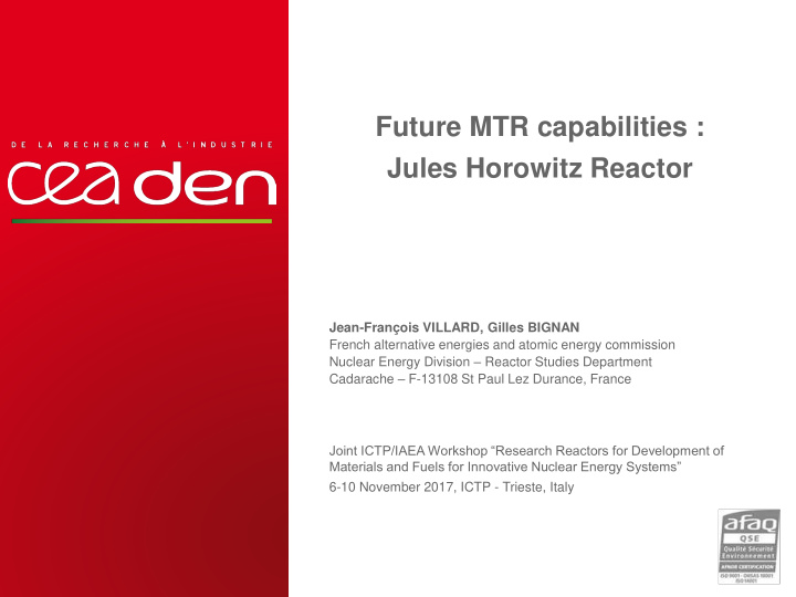 future mtr capabilities jules horowitz reactor