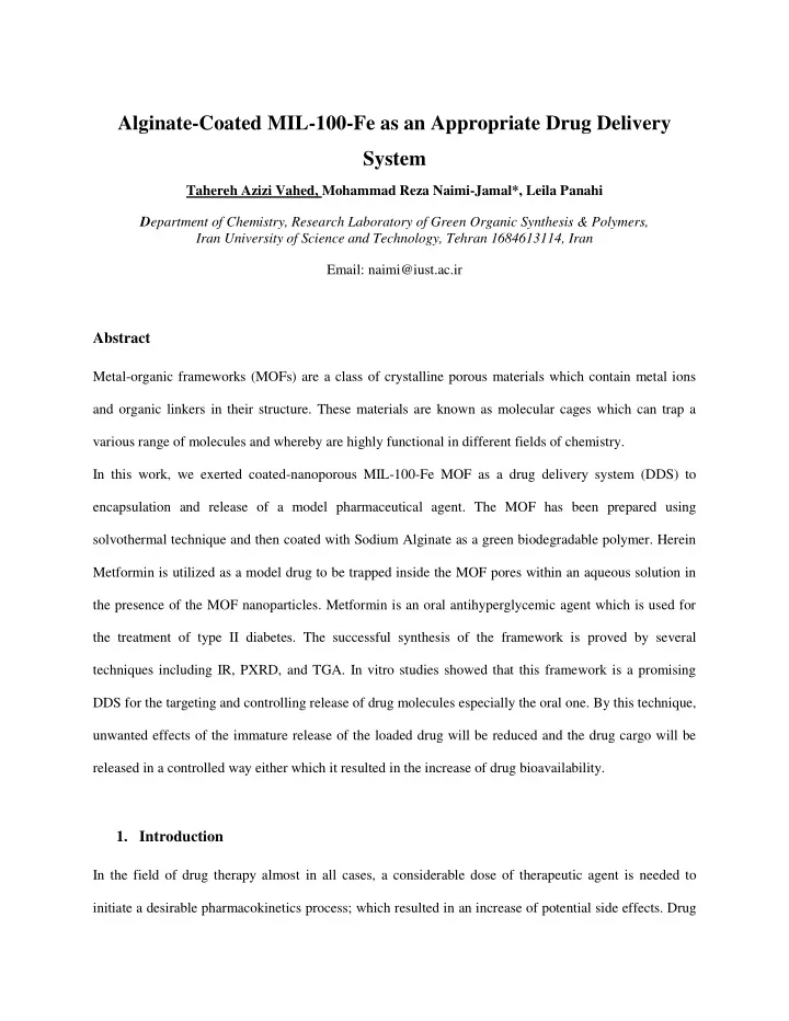 alginate coated mil 100 fe as an appropriate drug