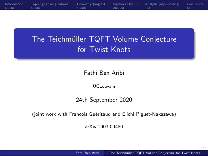 the teichm uller tqft volume conjecture for twist knots