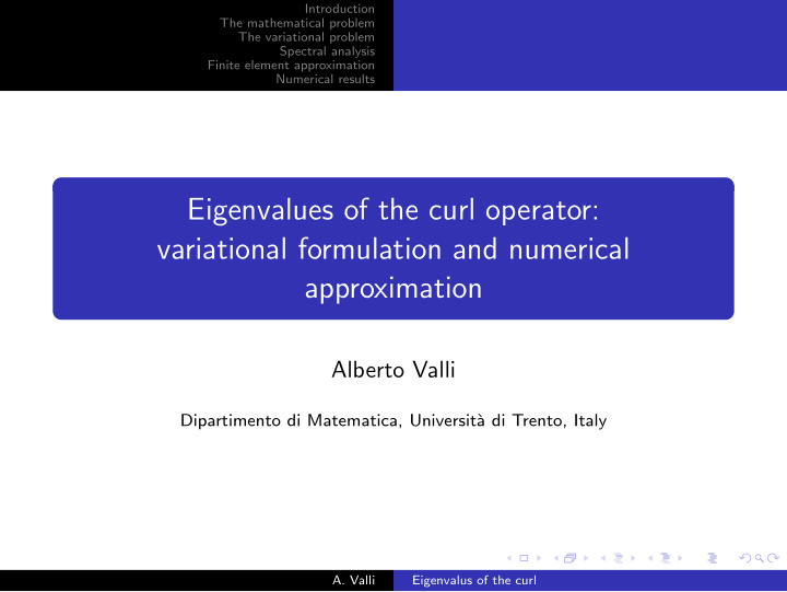 eigenvalues of the curl operator variational formulation