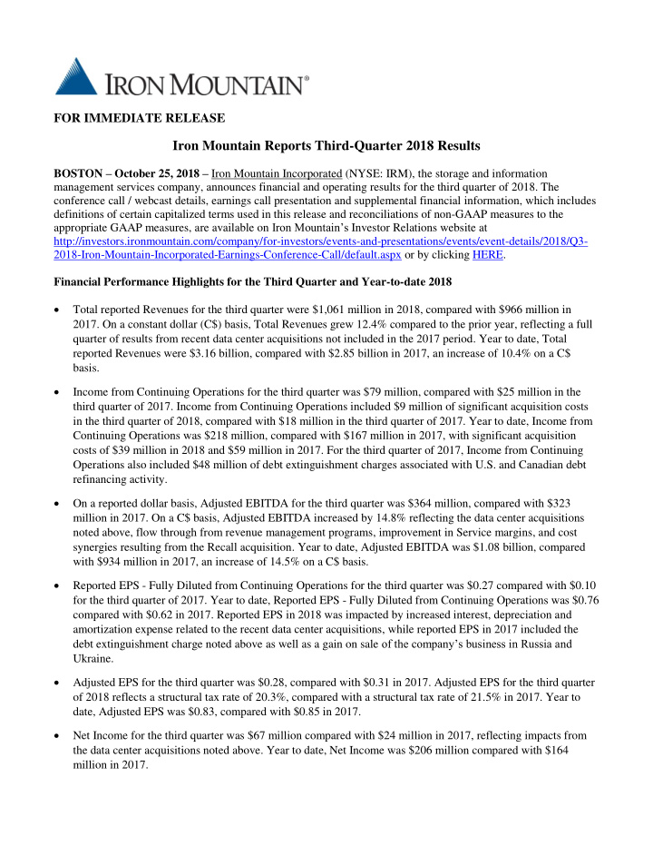 iron mountain reports third quarter 2018 results